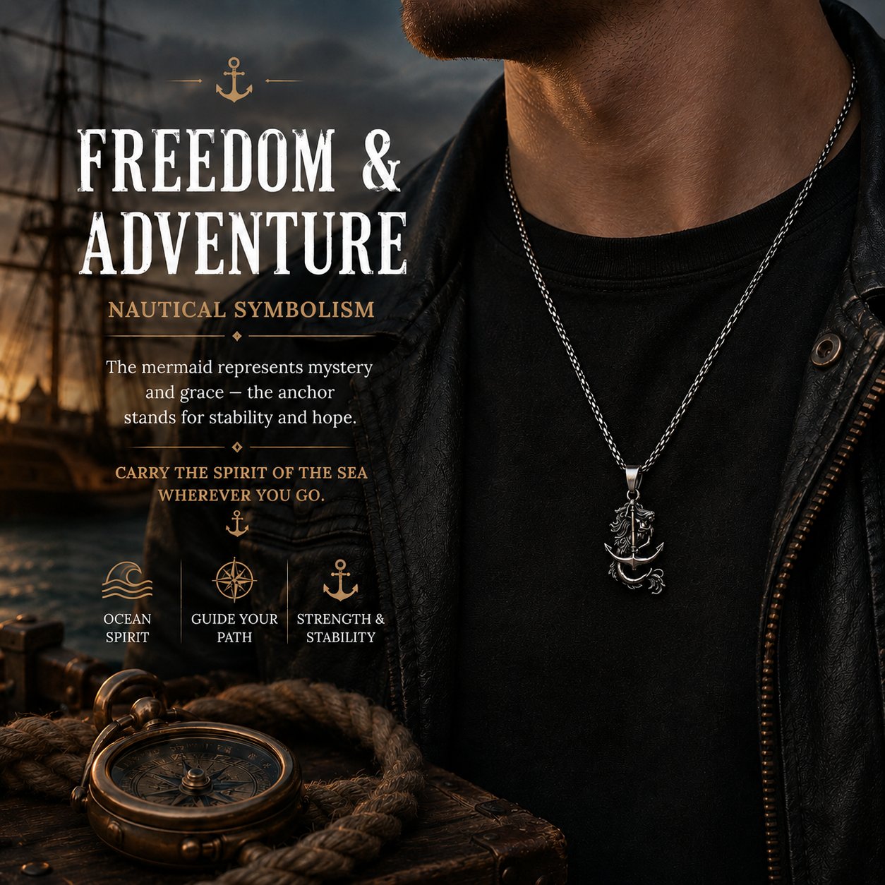 Vintage Mermaid Anchor Pendant Necklace Stainless Steel Dark Silver Nautical Chain PN0021