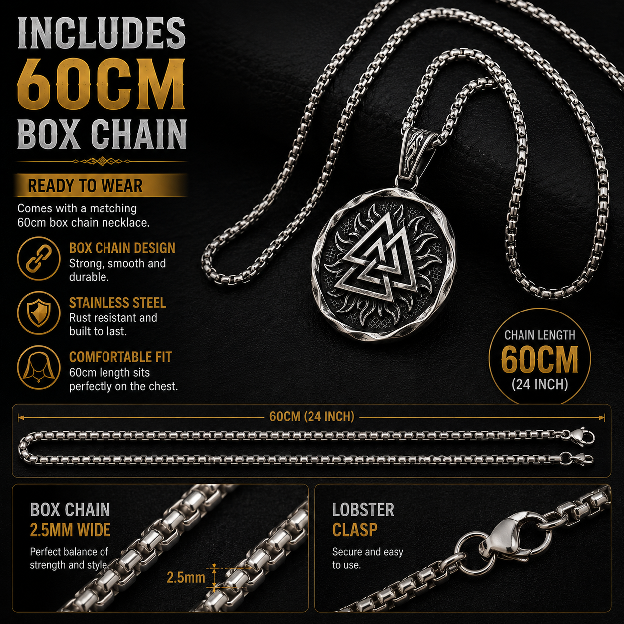 Viking Valknut Pendant Necklace Norse Symbol Stainless Steel with Chain Dark Silver Symbol Jewellery Gift PN0011