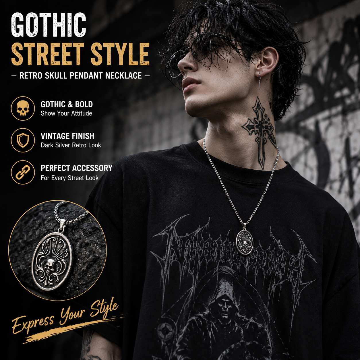 Retro Skull Oval Pendant Necklace Stainless Steel Double-Sided Gothic Necklace with Chain Vintage Punk Jewellery Gift PN0004