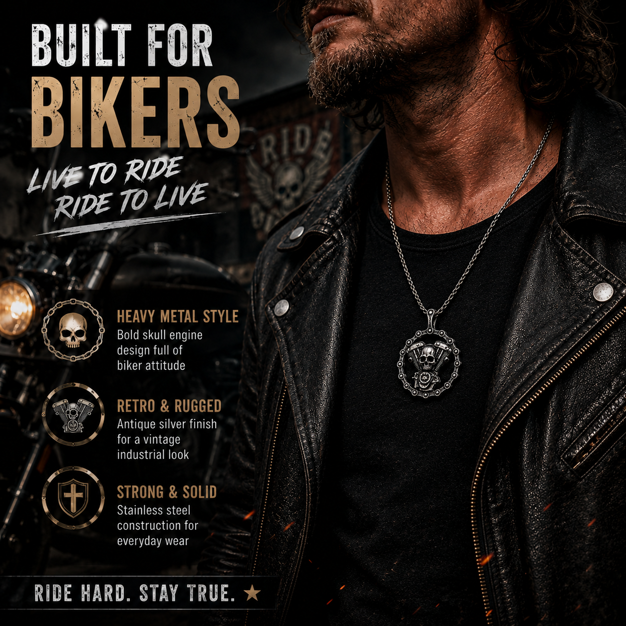 Retro Vintage Skull Motorcycle Engine Pendant Necklace Stainless Steel Biker Punk Gothic Chain Heavy Metal Gift PN0009