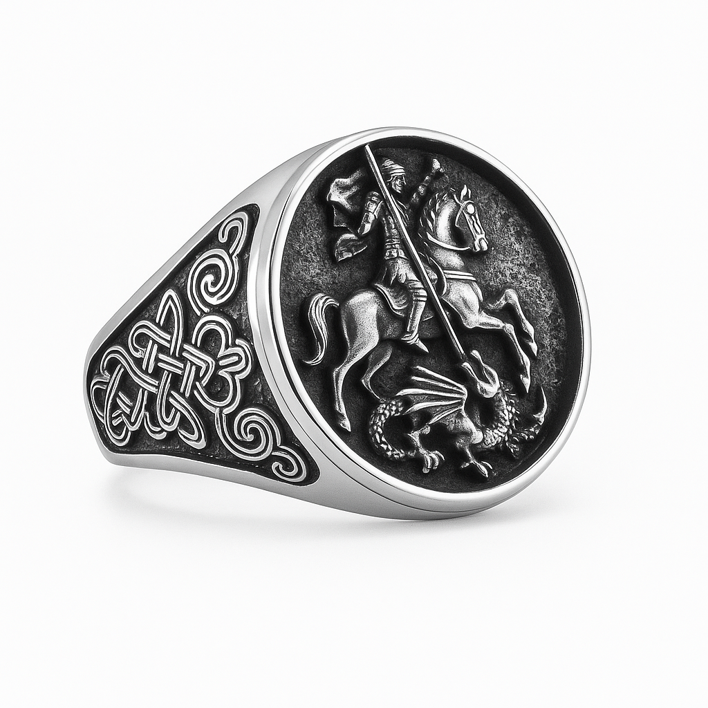 Men Stainless Steel Saint George Dragon Slayer Ring Knight Celtic Signet Jewelry # R280