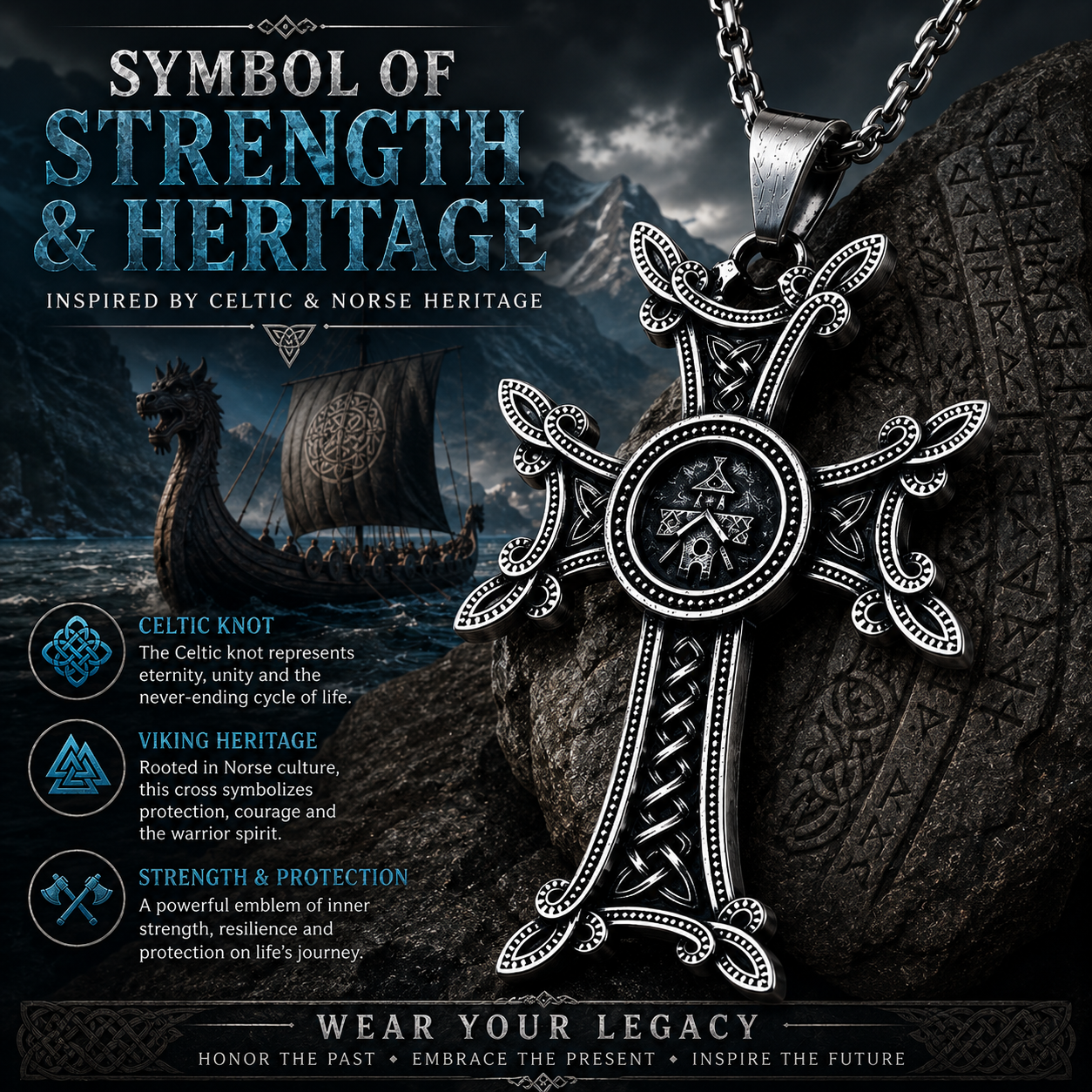 Nordic Viking Cross Pendant Necklace Celtic Knot Stainless Steel Norse Medieval Jewellery 60cm Chain Gift For Men PN0159