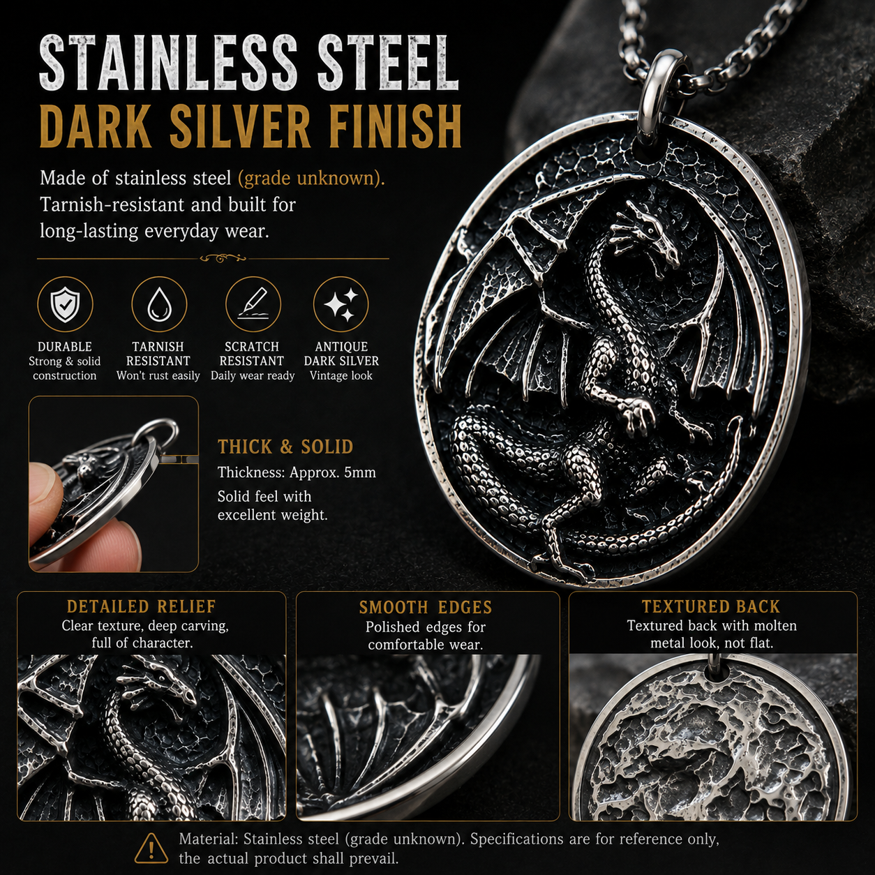 Vintage Dragon Pendant Necklace for Men Stainless Steel Gothic Biker Fantasy Style Necklace Dark Silver Finish Chain PN0020