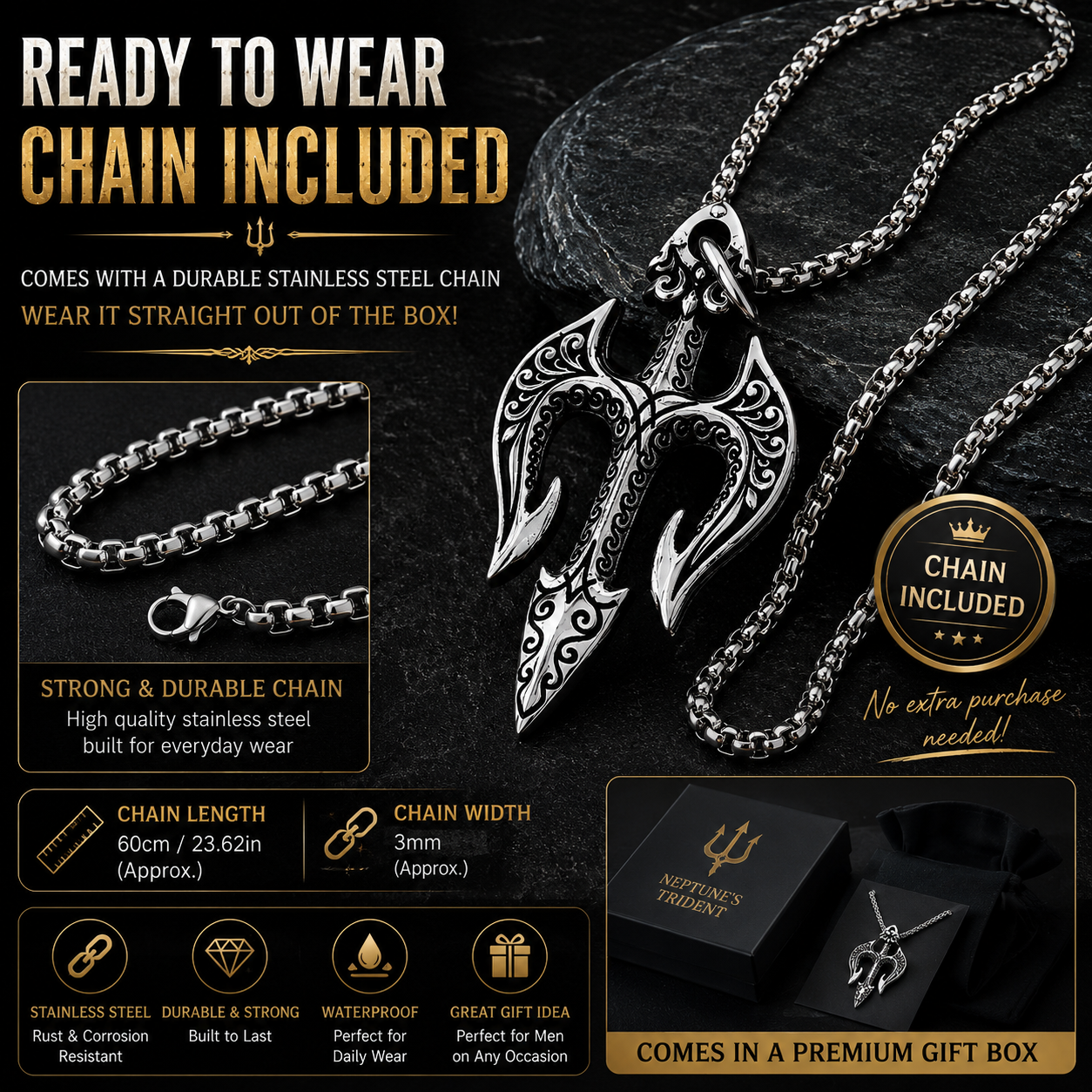 Men Vintage Poseidon Trident Pendant Necklace Gothic Greek Mythology Amulet Stainless Steel Chain PN0001