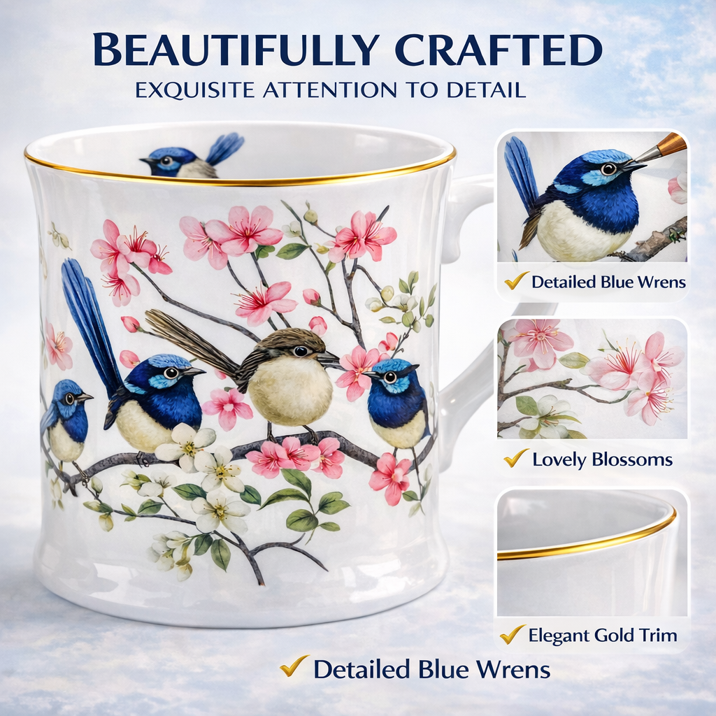 Australian Blue Wren Porcelain Mug Tea Coffee Cup Bird Lover Gift 415ml Birthday