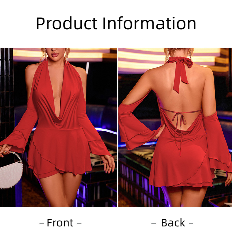 Women Sexy Milk Fiber Halter V-Neck Flared Sleeve Backless Miniskirt Dress