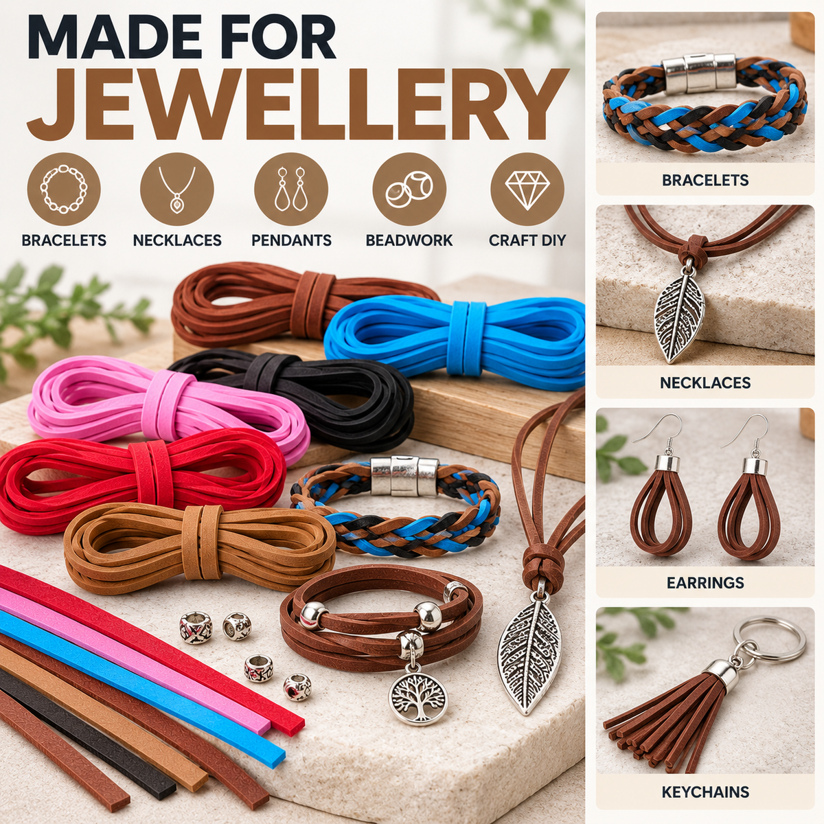 PU Faux Leather Cord Strips 1M x 3mm Jewellery Making DIY Craft 4 Pack