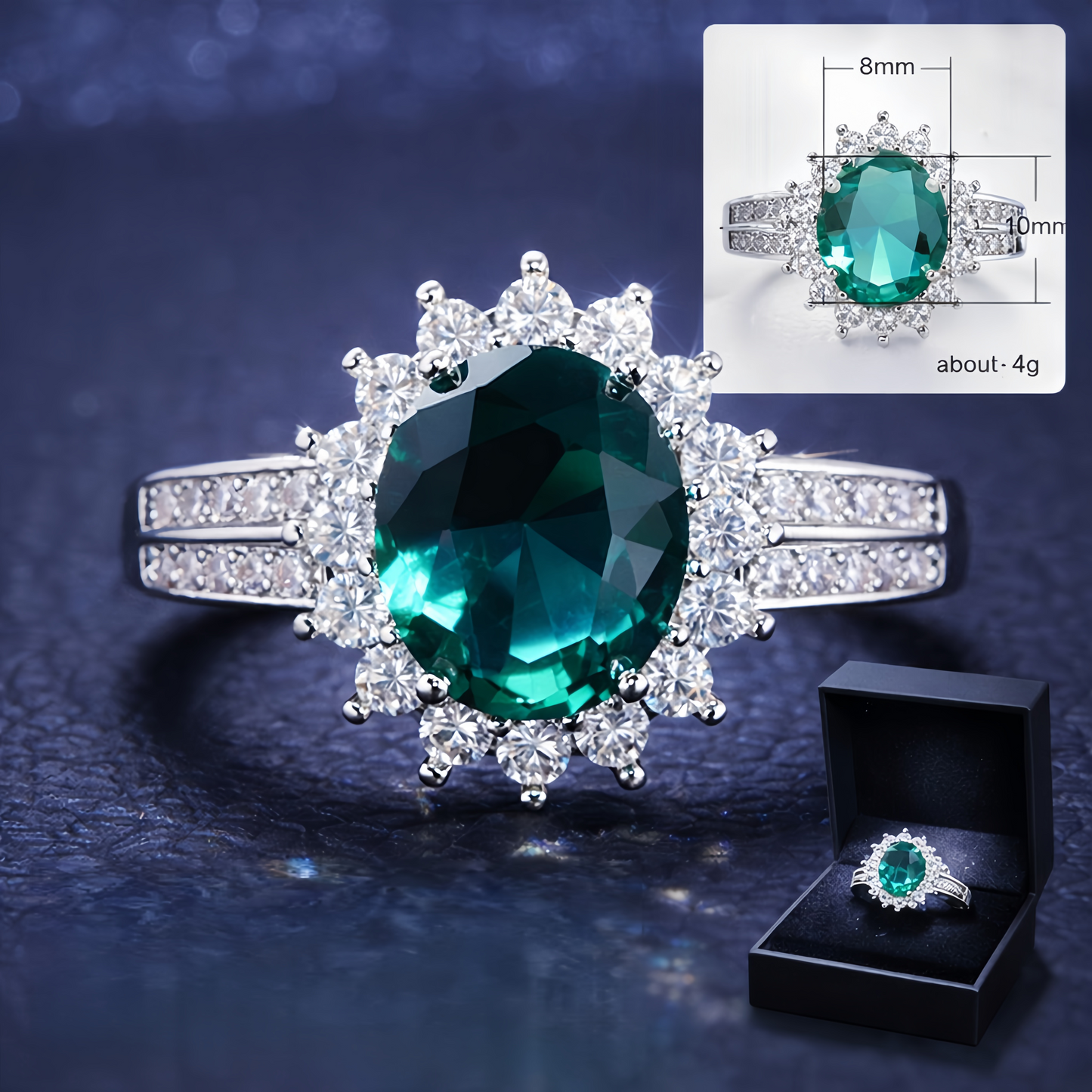 Elegant Green Simulated Gem Stones Halo Ring Alloy Band Cocktail Dress Ring Gift # R132