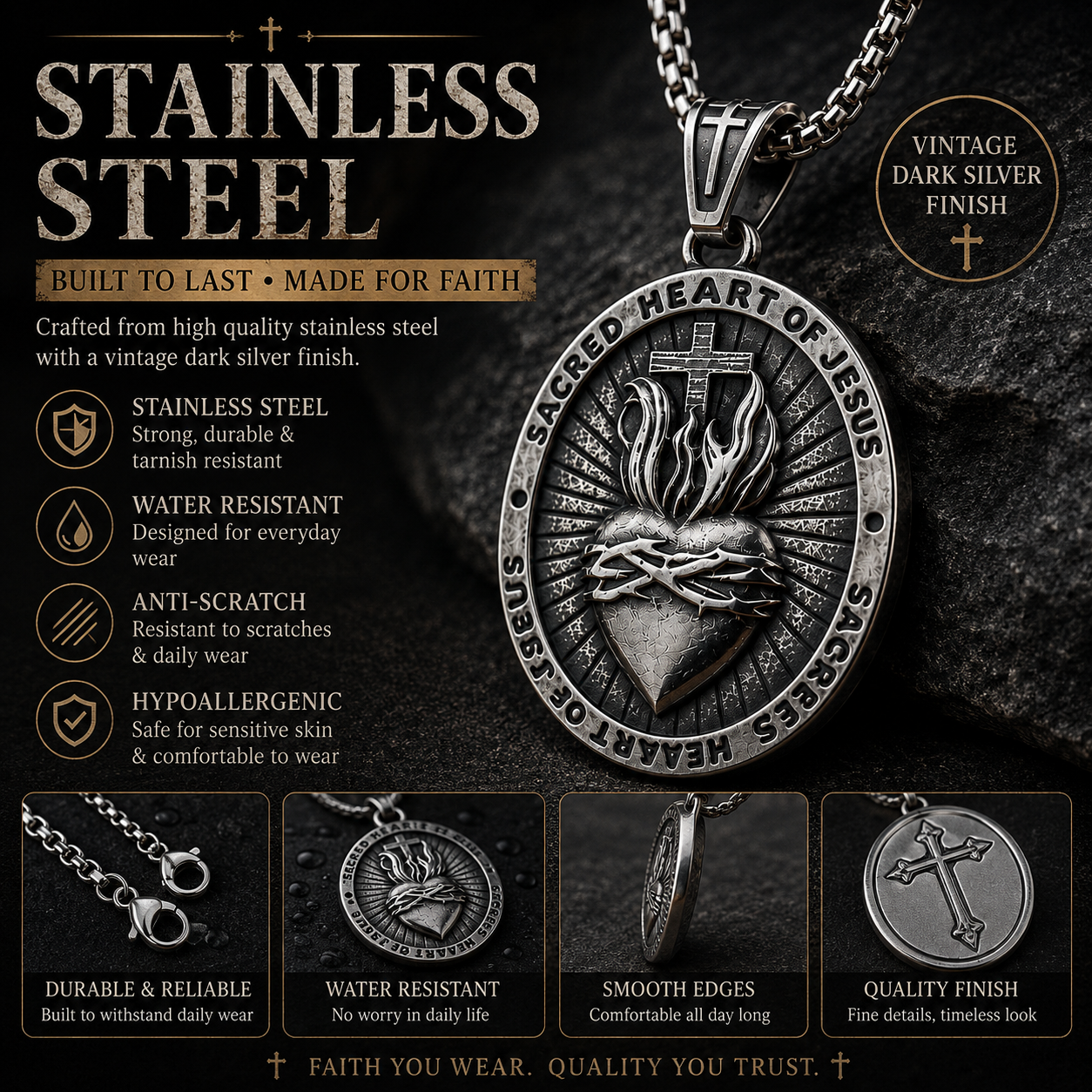 Sacred Heart of Jesus Pendant Necklace for Men Women, Double Sided Stainless Steel Christian Cross Medal, Vintage Dark Silver Religious Necklace with 60cm Box Chain, Catholic Faith Gift #PN0031