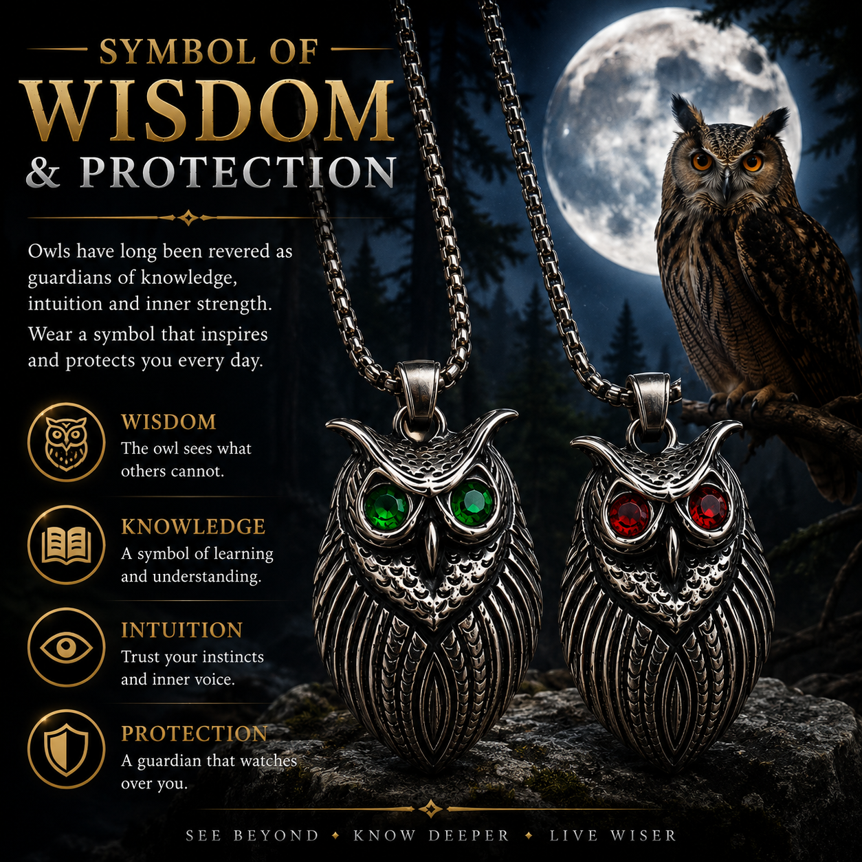 Retro Owl Necklace Stainless Steel Pendant Red Green Gem Eyes Gothic Animal Charm Chain Gift PN0027