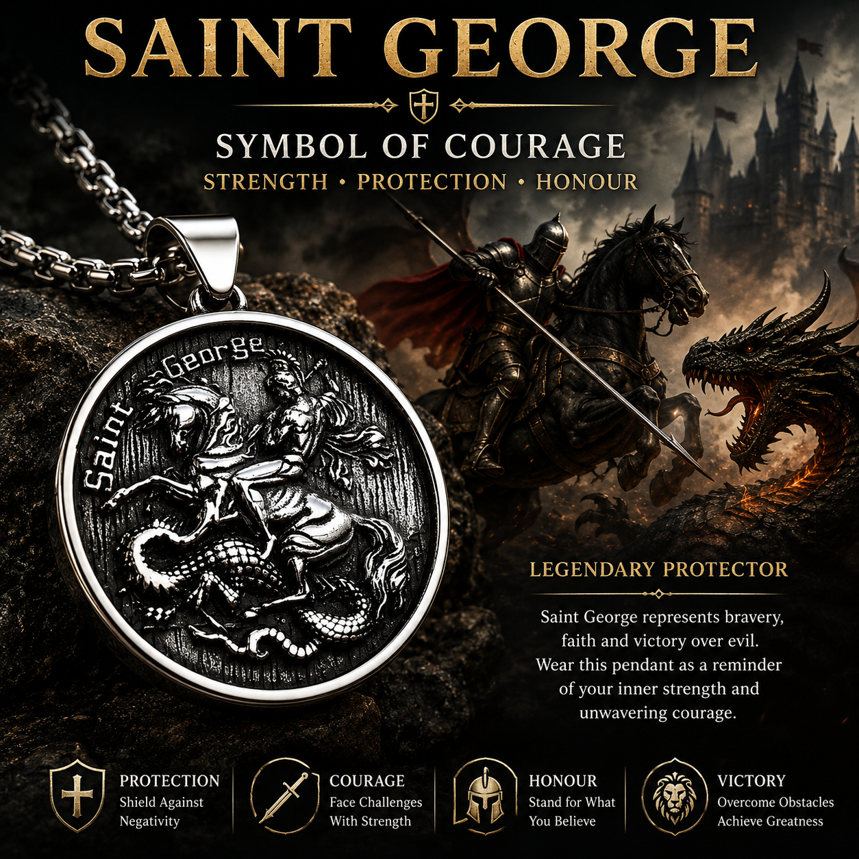 Men Saint George Dragon Pendant Necklace Stainless Steel Round Medallion Chain Gothic Retro Christian Amulet Jewellery Gift PN0006