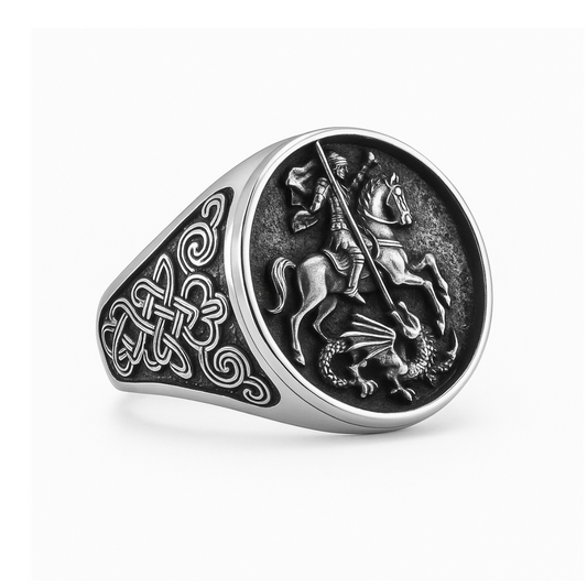 Men Stainless Steel Saint George Dragon Slayer Ring Knight Celtic Signet Jewelry # R280