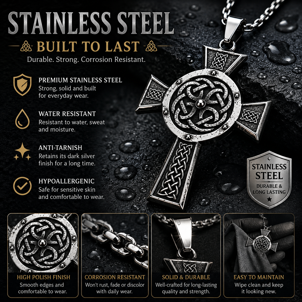 Men's Viking Cross Pendant Necklace Celtic Knot Nordic Odin Warrior Amulet Stainless Steel Chain Gift PN0161