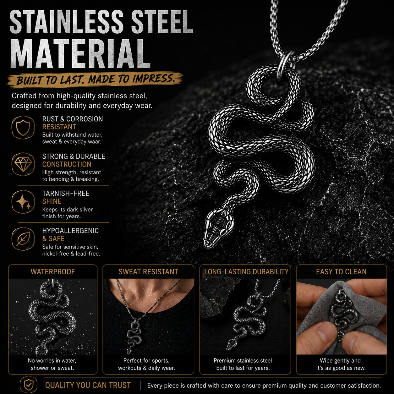 Gothic Snake Pendant Necklace Stainless Steel Serpent Biker Necklace Jewelry Chain Gift #PN0010