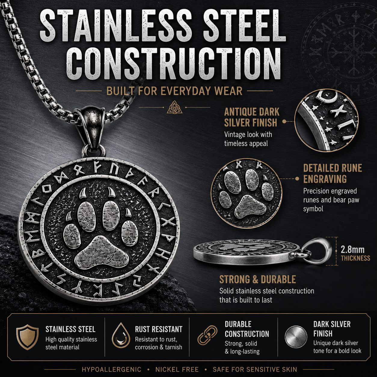 Viking Bear Paw Rune Pendant Necklace Nordic Amulet Stainless Steel Symbolic Totem Gift PN0069