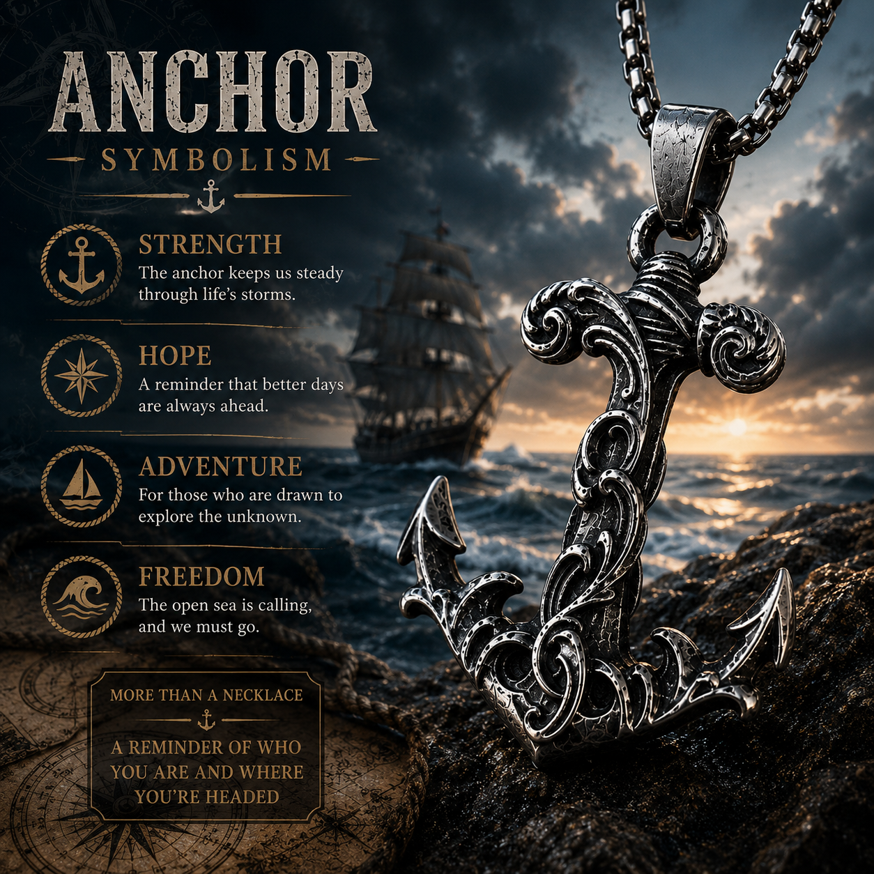 Vintage Carved Anchor Pendant Necklace Stainless Steel Nautical Gothic Marine Chain Gift For Men PN0003