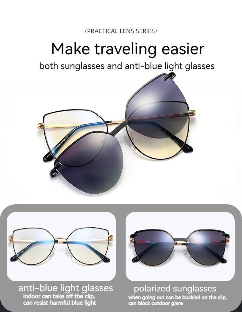Women Anti Blue Ray Magnetic Suction Clip UV400 Polarized Two Use Sunglasses Set