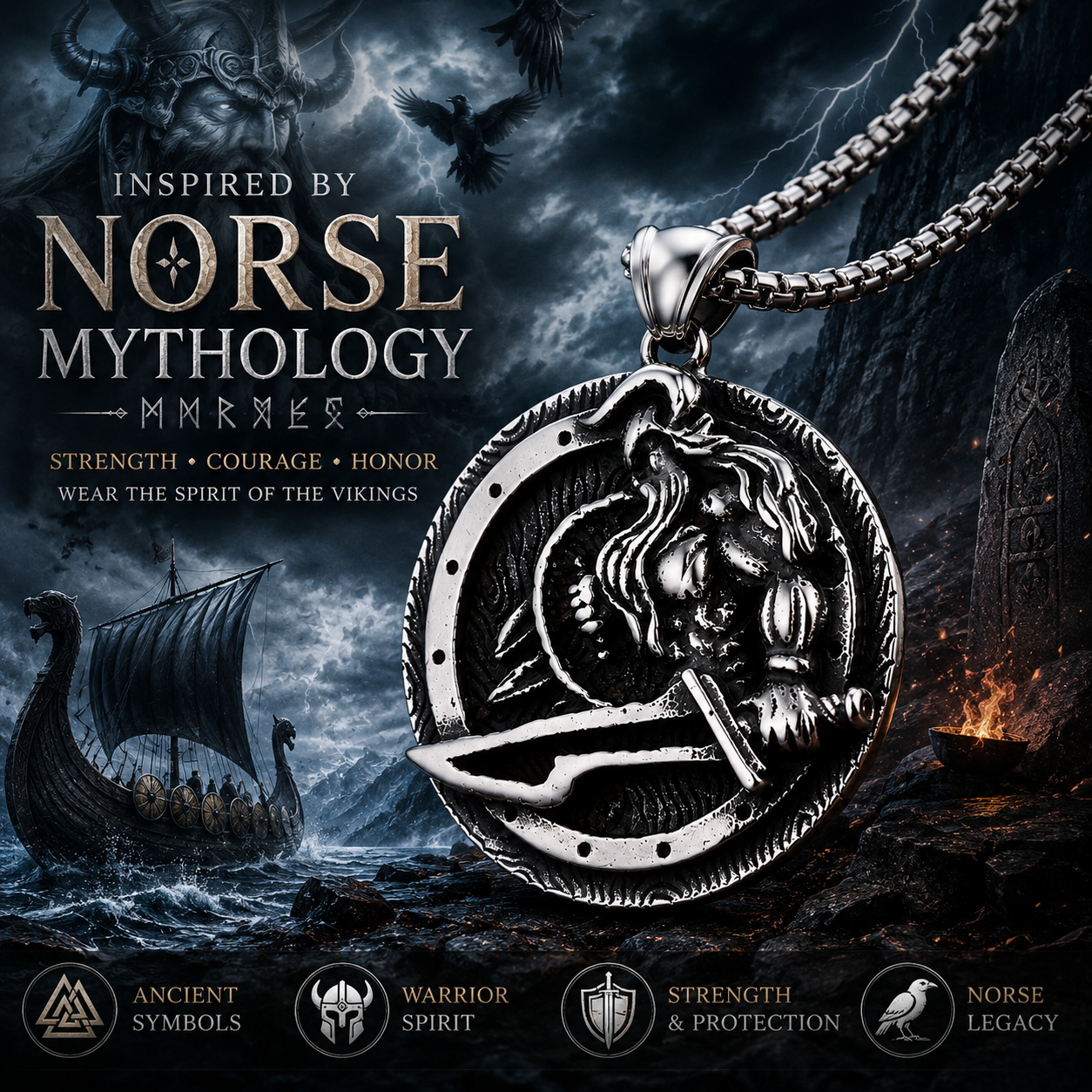 Men Viking Warrior Pendant Necklace Norse Mythology Stainless Steel Round Amulet with Chain PN0014