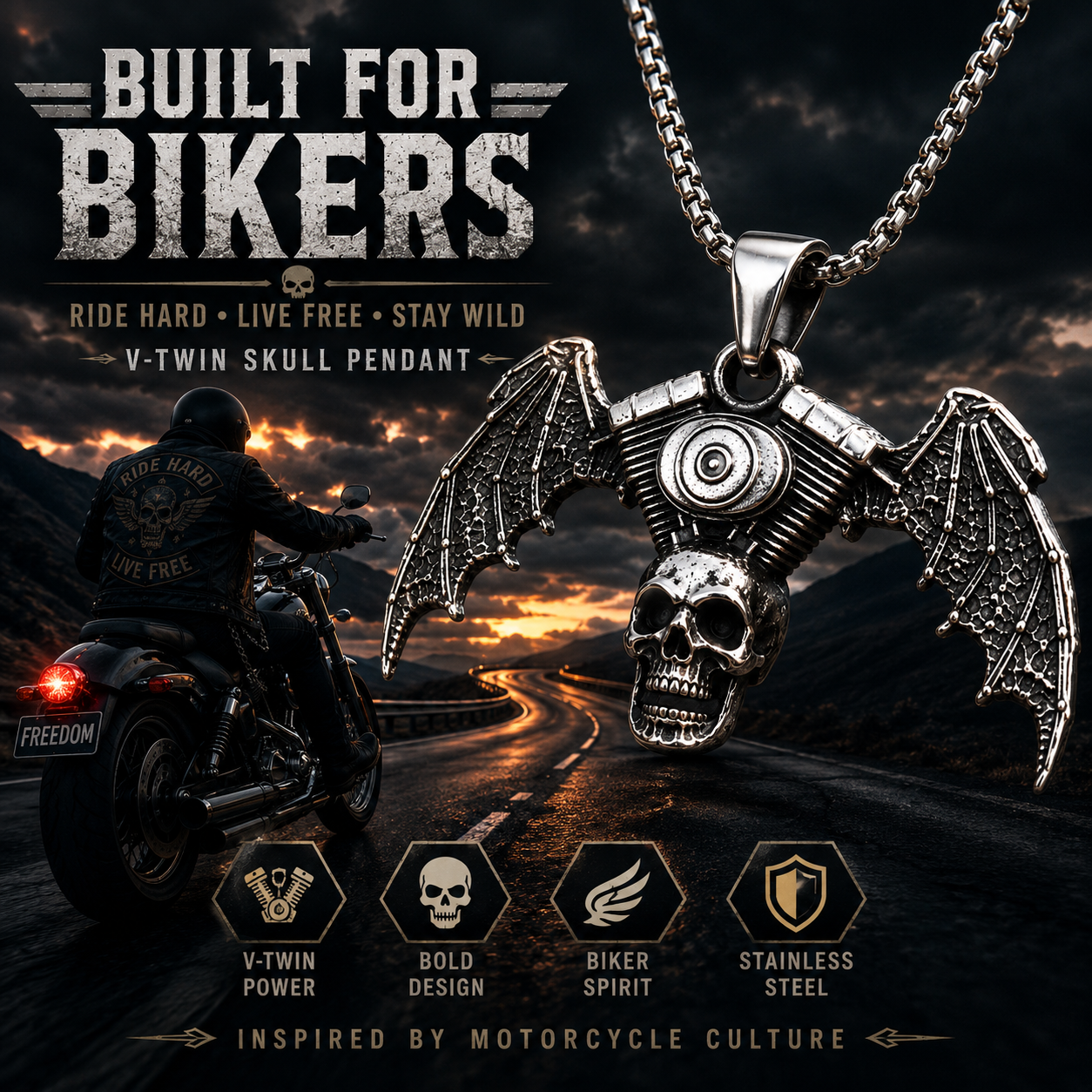 Vintage Biker Skull Bat Wing Pendant Necklace Gothic Motorcycle Engine Chain PN0025