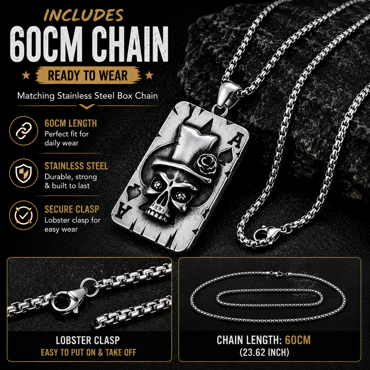 Men Gothic Skull Poker Ace Card Pendant Necklace Stainless Steel Vintage Punk Punk Street Style Biker Chain PN0008