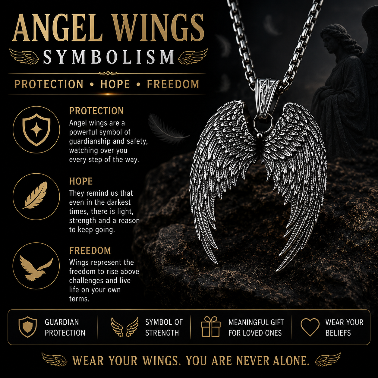 Angel Wings Necklace Stainless Steel Pendant Guardian Wing Gothic Biker Gift Chain #PN0032