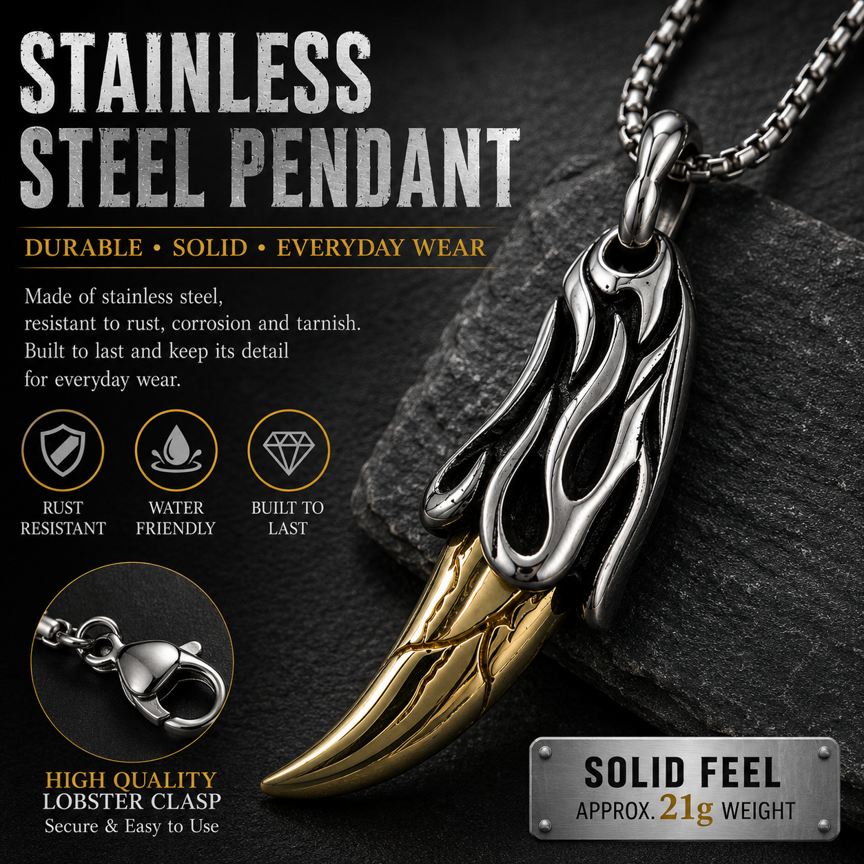 Men Gothic Tiger Tooth Pendant Necklace Dark Silver Flame details Box Chain Gift PN0026