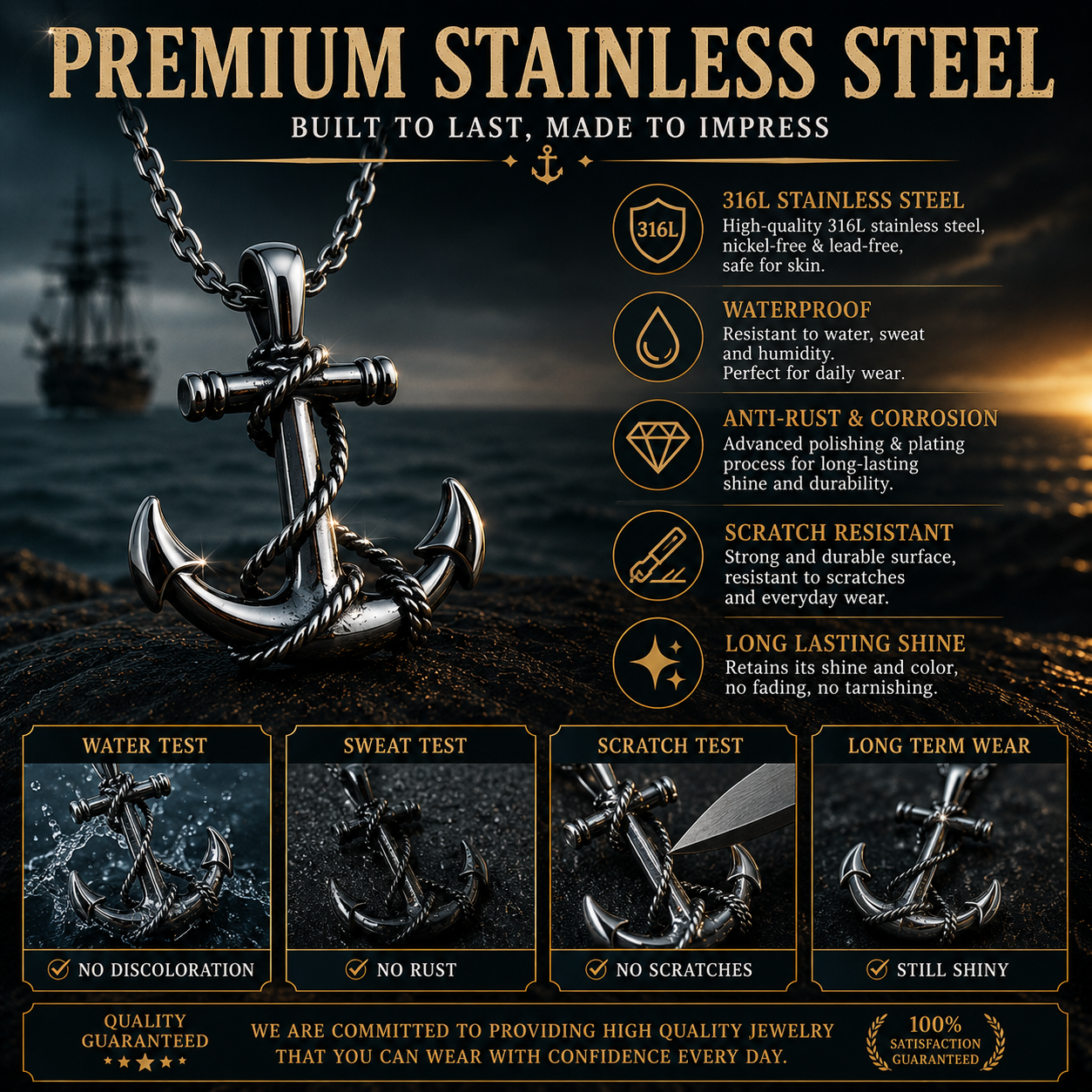 Unisex Anchor Pendant Necklace Stainless Steel Nautical Sailor Rope Charm Vintage Necklace 60cm Chain Gift PN0013