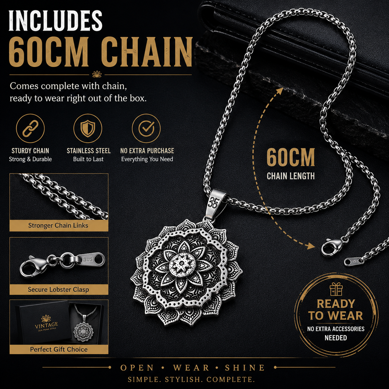Unisex Vintage Flower Pendant Necklace Stainless Steel Zen Yoga Punk Necklace with 60cm Chain Gift for Men Women PN0016