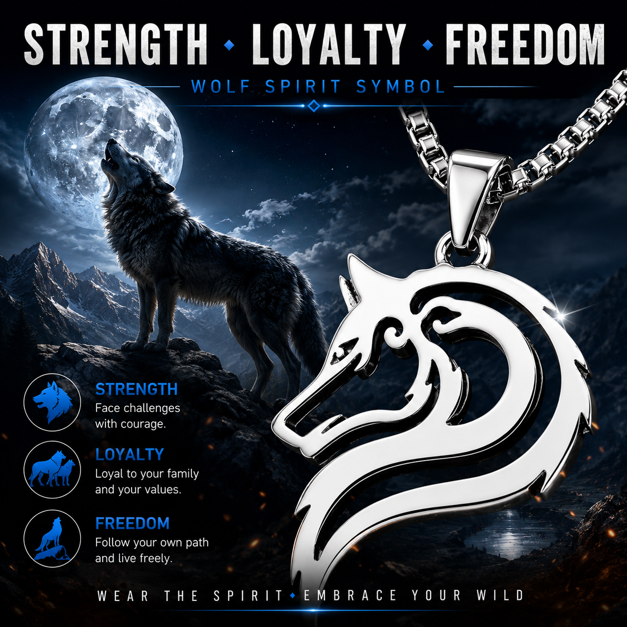 Wolf Head Pendant Stainless Steel Silver Tribal Animal Totem Wolf Necklace Chain PN0012