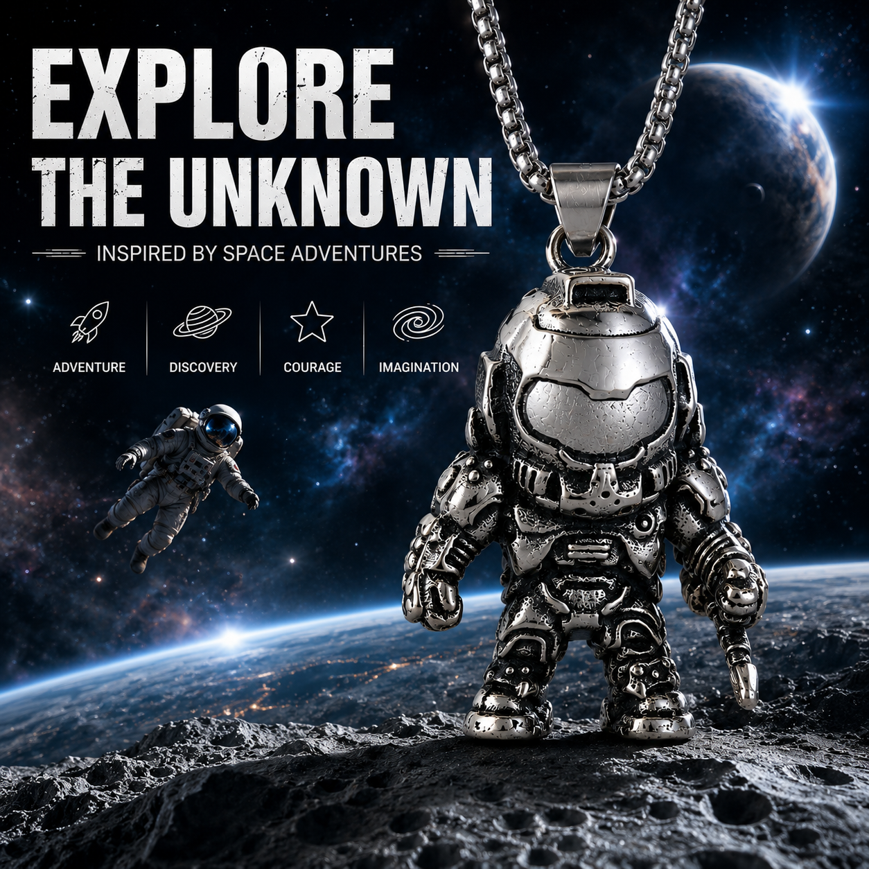 Space Astronaut Necklace Pendant Dark Silver Stainless Steel 60cm Chain Gift PN0028