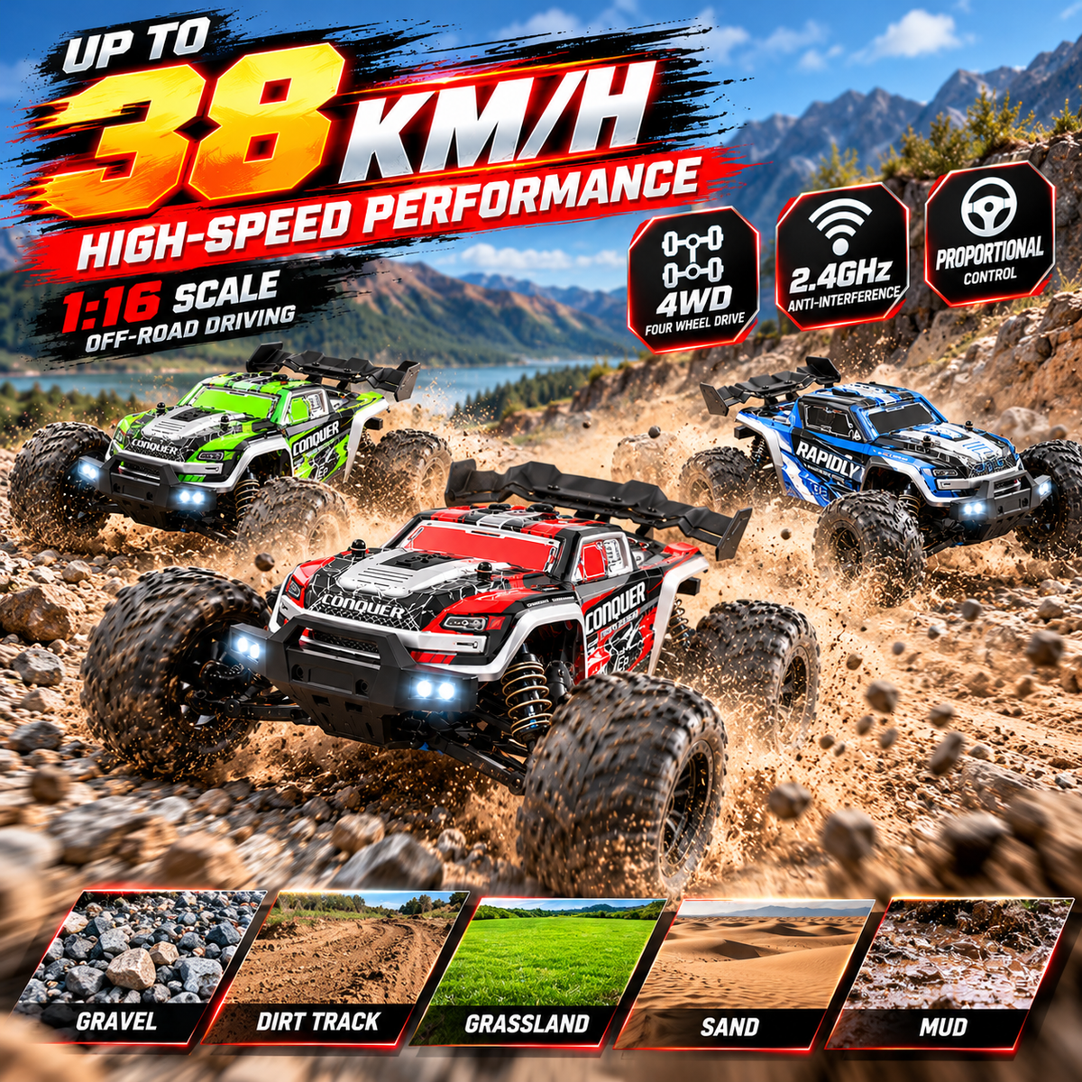 1:16 RC Car 38km/h 4WD High Speed Off Road Monster Truck 2.4GHz Remote Control