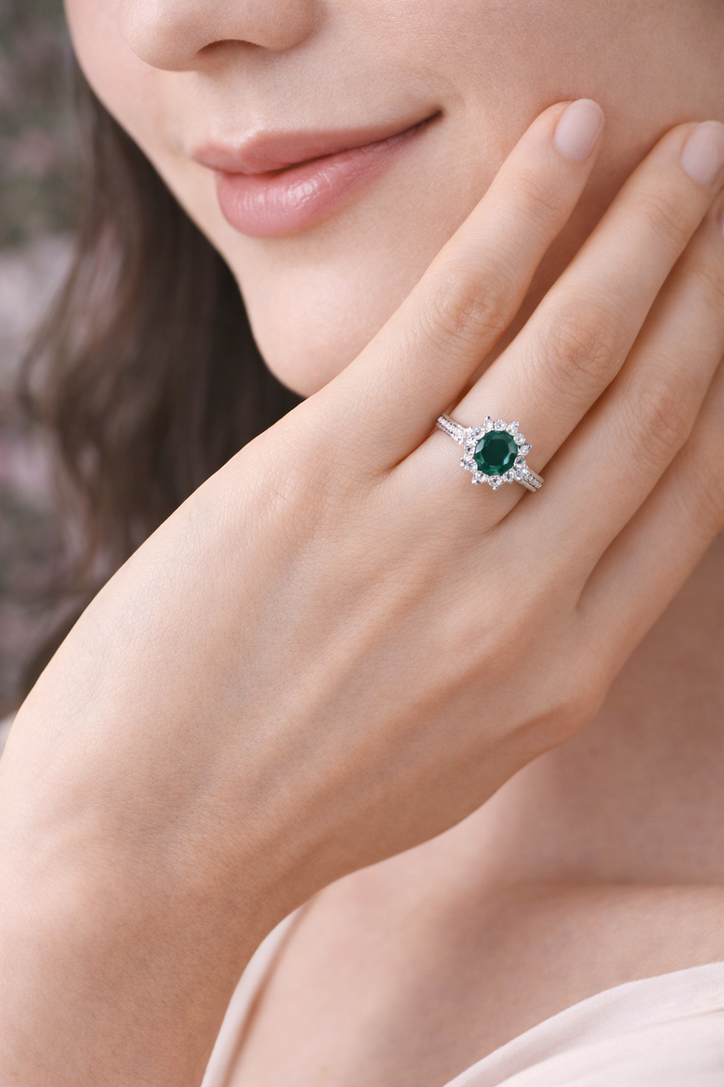 Elegant Green Simulated Gem Stones Halo Ring Alloy Band Cocktail Dress Ring Gift # R132