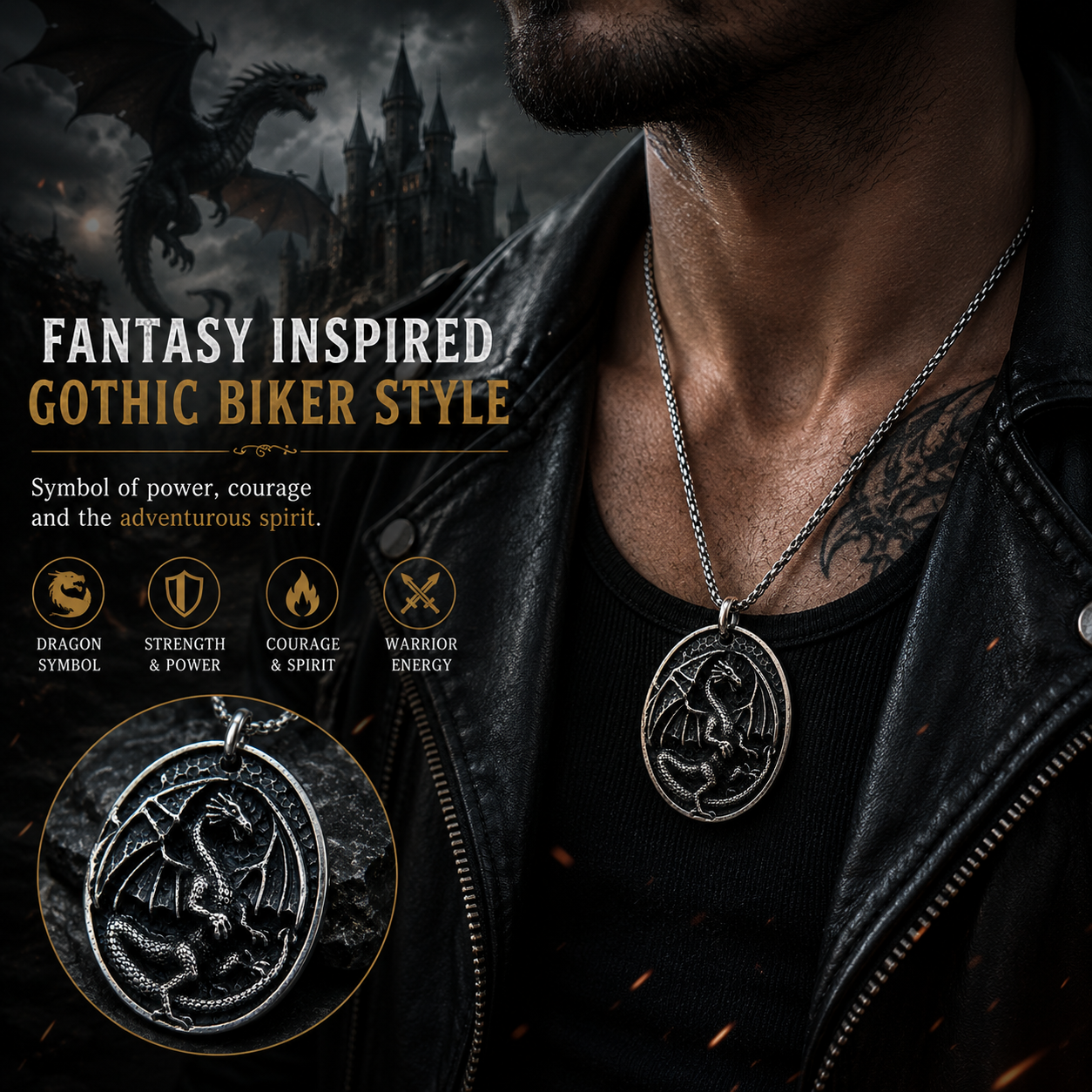 Vintage Dragon Pendant Necklace for Men Stainless Steel Gothic Biker Fantasy Style Necklace Dark Silver Finish Chain PN0020