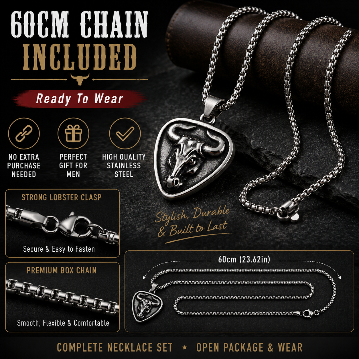 Vintage Bull Skull Pendant Necklace for Men Stainless Steel Ox Head Amulet Dark Silver Tone Chain Gift PN0005