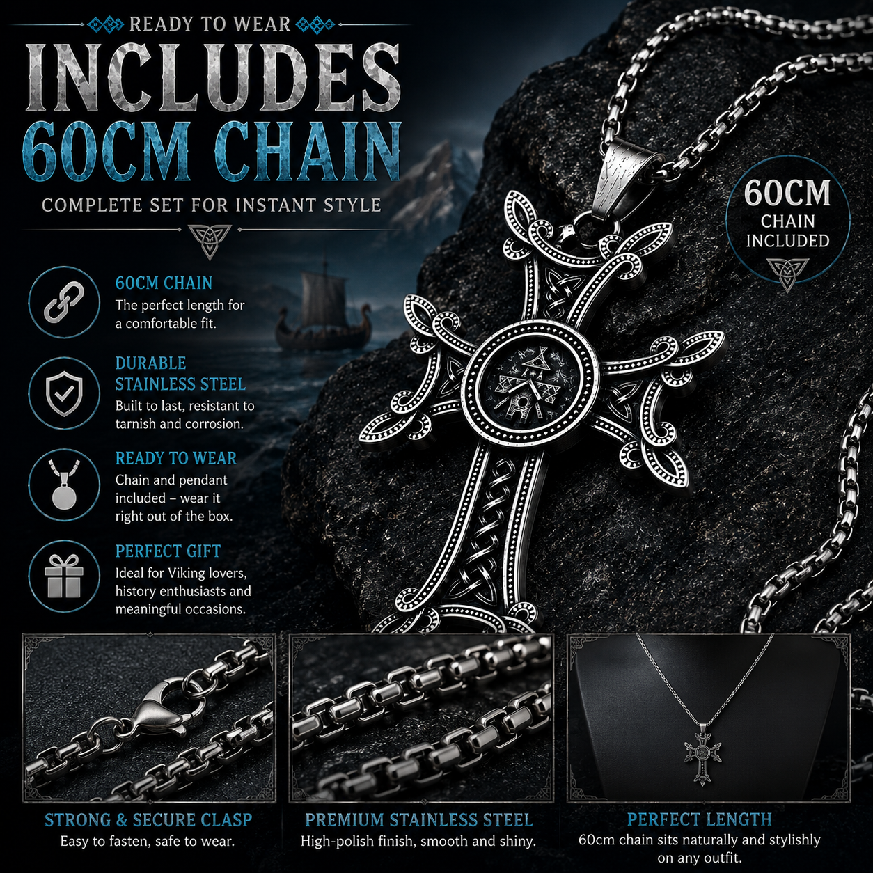 Nordic Viking Cross Pendant Necklace Celtic Knot Stainless Steel Norse Medieval Jewellery 60cm Chain Gift For Men PN0159