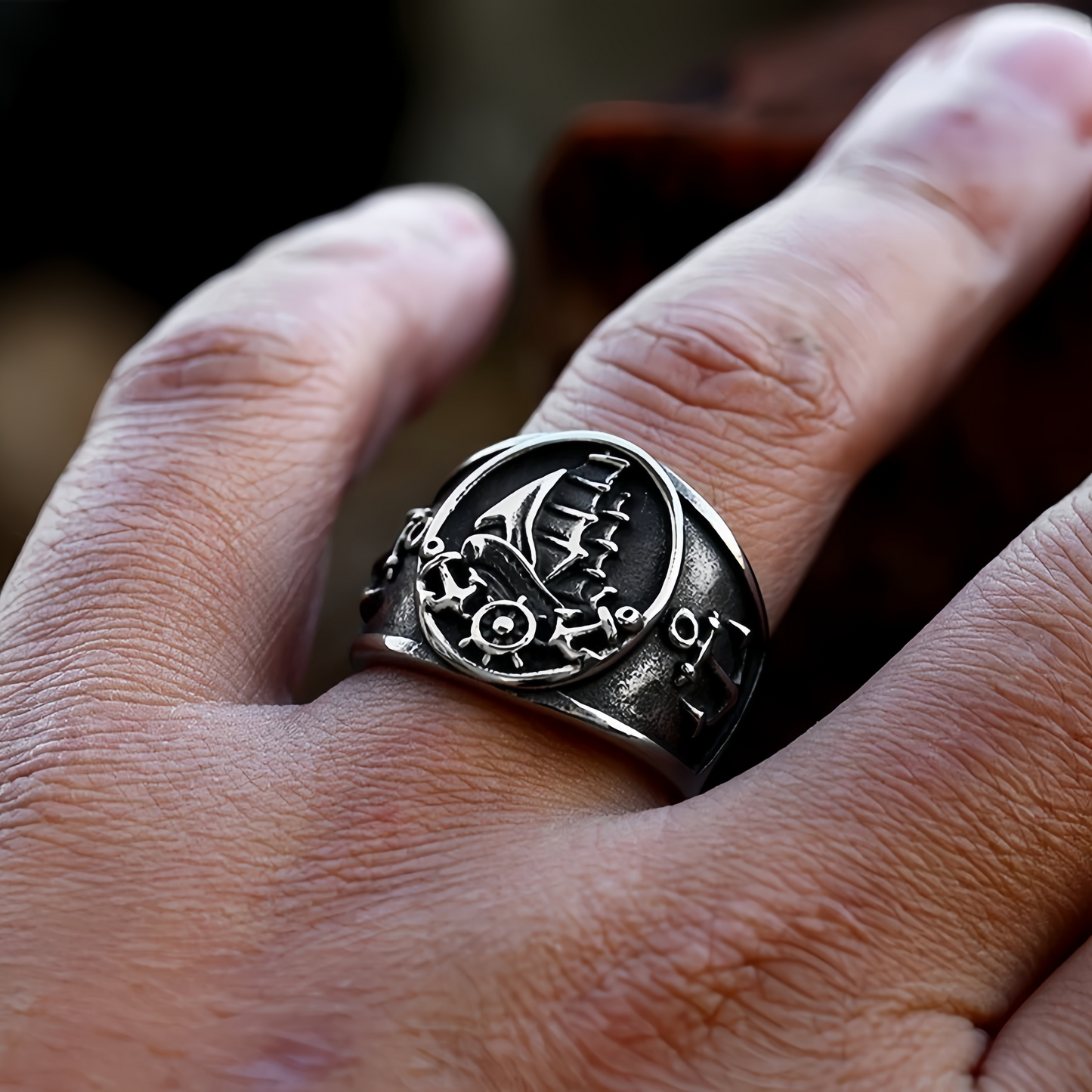 Men Nautical Anchor & Sailboat Engraved Ring Stainless Steel Punk Statement Band # R327