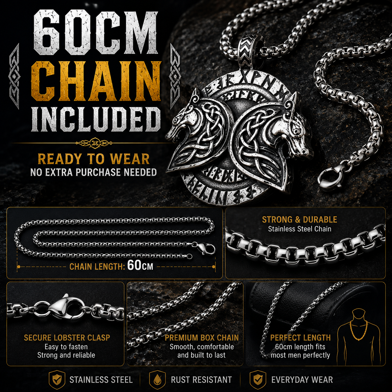Viking Double Wolf Head Pendant Necklace Celtic Knot Rune Stainless Steel Amulet with Chain PN0189