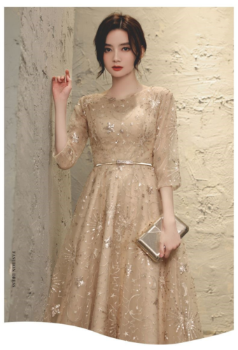 Women Champagne Formal Wedding Evening Cocktail Prom Bridesmaid Ball Gown Dress