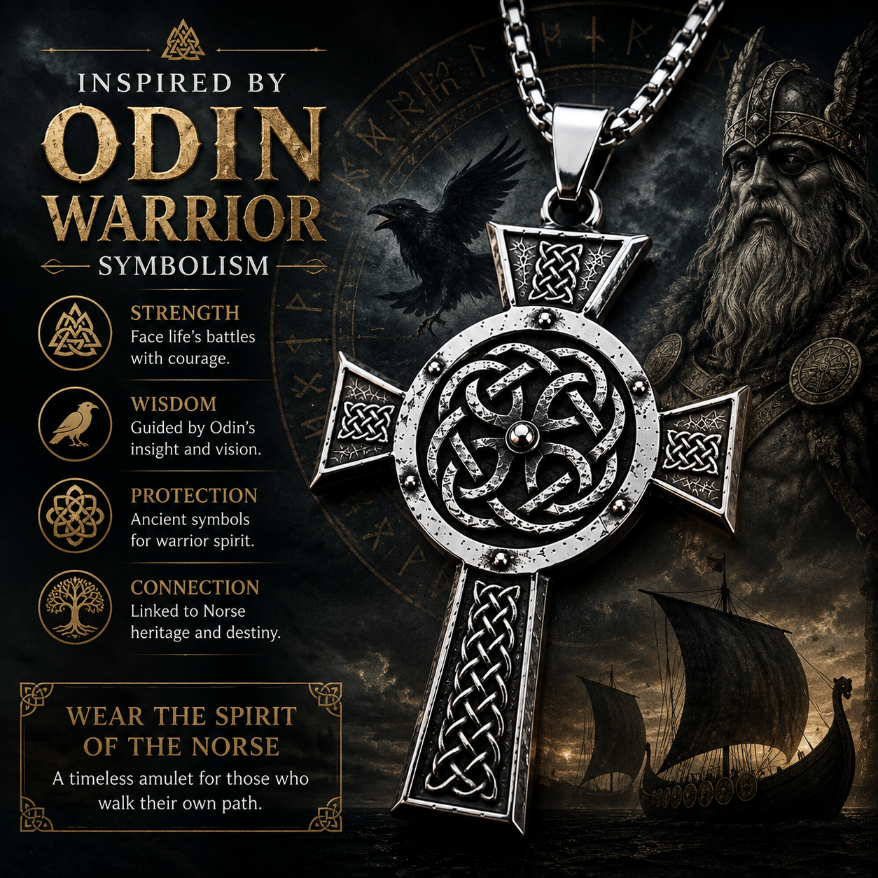 Men's Viking Cross Pendant Necklace Celtic Knot Nordic Odin Warrior Amulet Stainless Steel Chain Gift PN0161