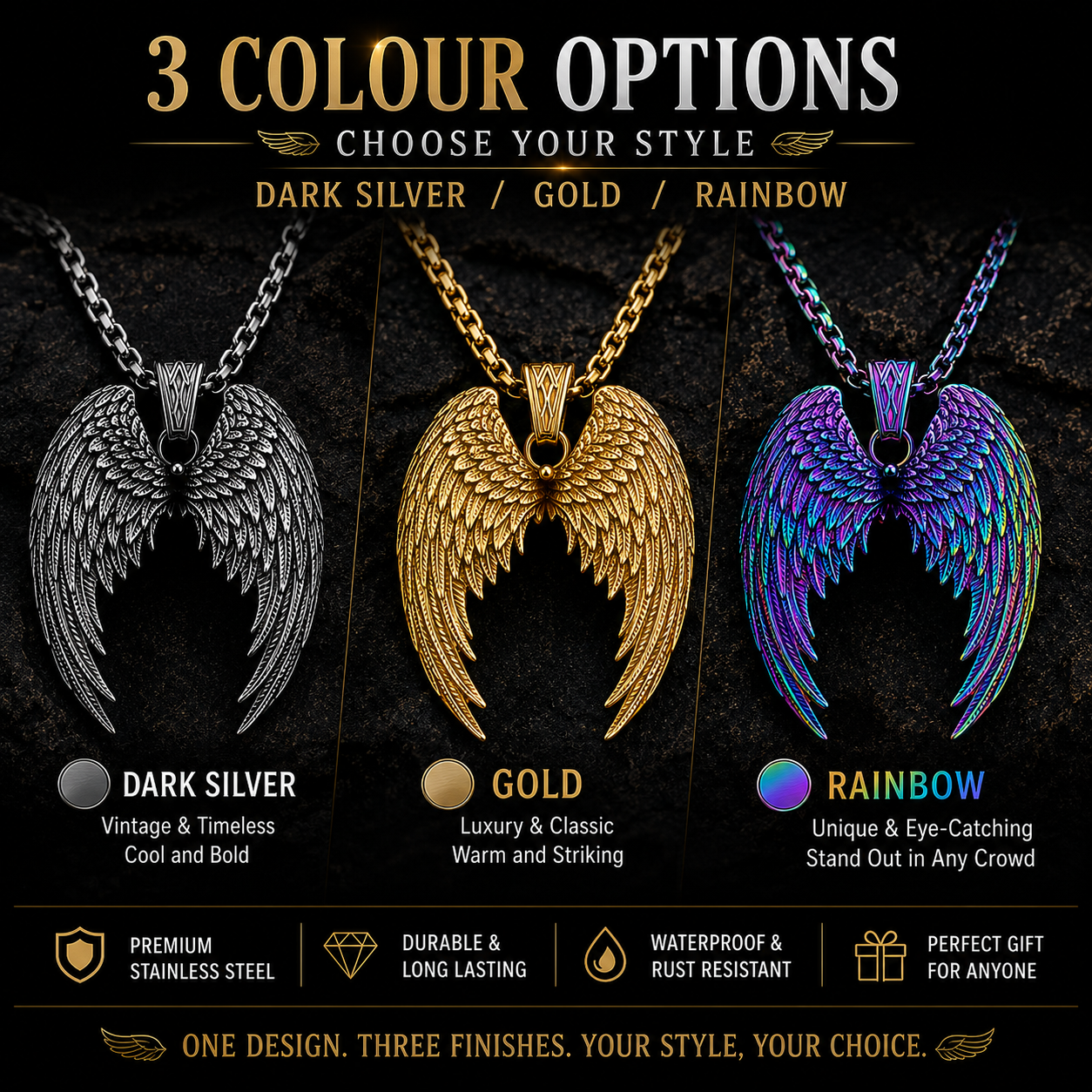Angel Wings Necklace Stainless Steel Pendant Guardian Wing Gothic Biker Gift Chain #PN0032