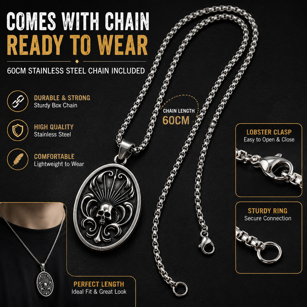 Retro Skull Oval Pendant Necklace Stainless Steel Double-Sided Gothic Necklace with Chain Vintage Punk Jewellery Gift PN0004