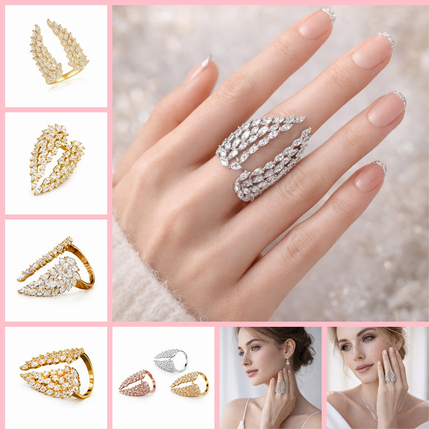 Women Sparkly Angel Wing Open Ring CZ Crystal Alloy Adjustable Rings Jewellery # R198