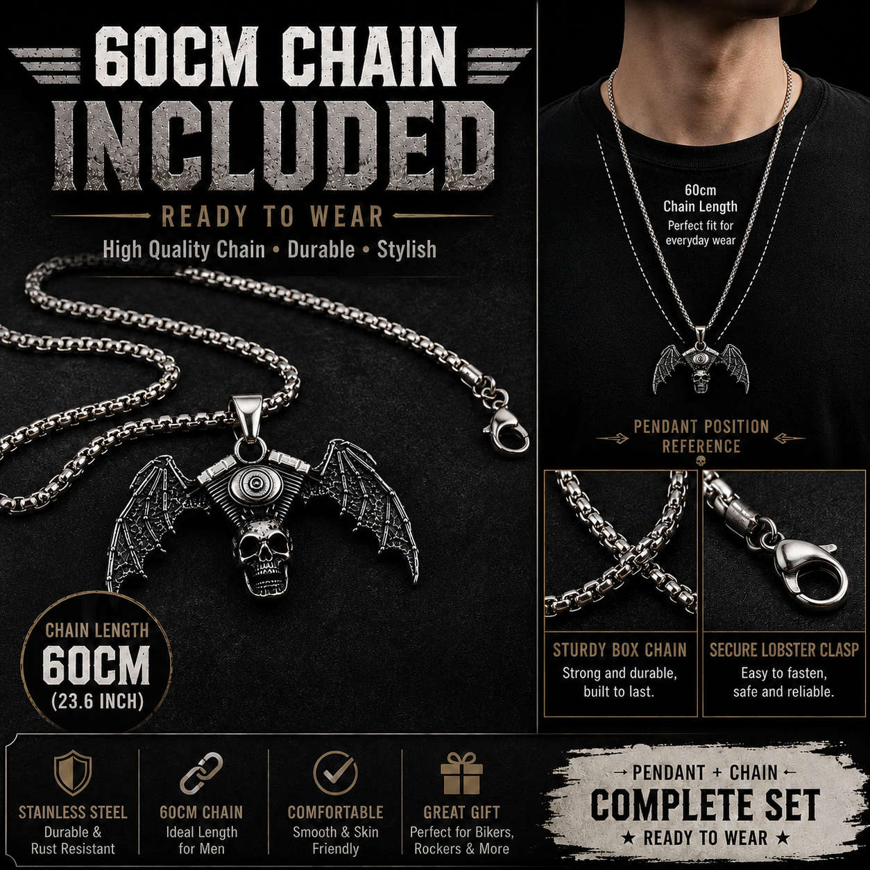 Vintage Biker Skull Bat Wing Pendant Necklace Gothic Motorcycle Engine Chain PN0025
