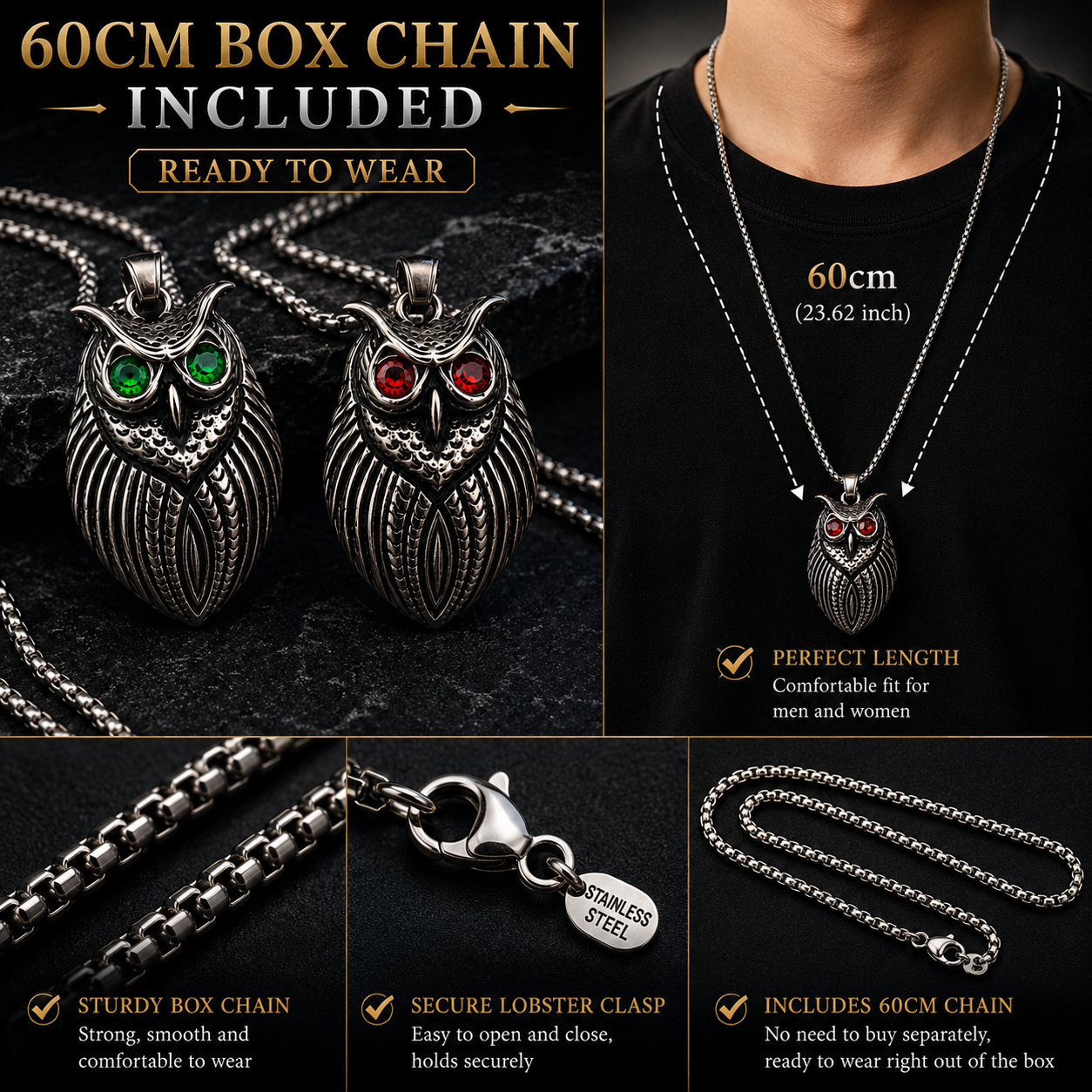 Retro Owl Necklace Stainless Steel Pendant Red Green Gem Eyes Gothic Animal Charm Chain Gift PN0027