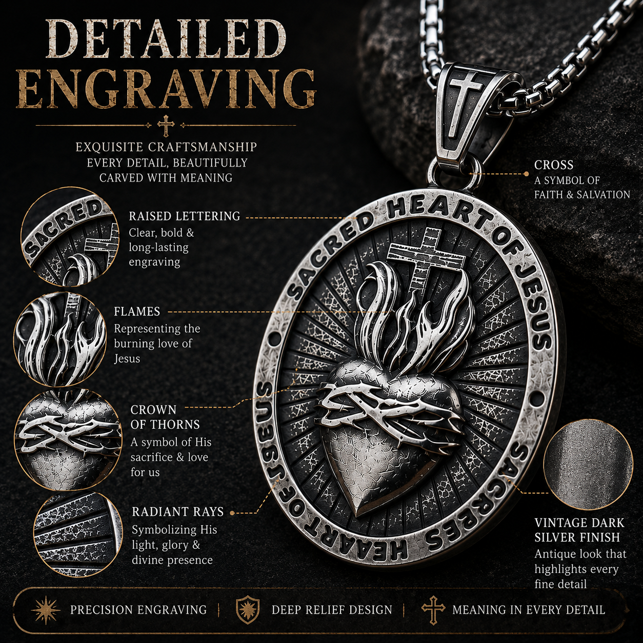 Sacred Heart of Jesus Pendant Necklace for Men Women, Double Sided Stainless Steel Christian Cross Medal, Vintage Dark Silver Religious Necklace with 60cm Box Chain, Catholic Faith Gift #PN0031