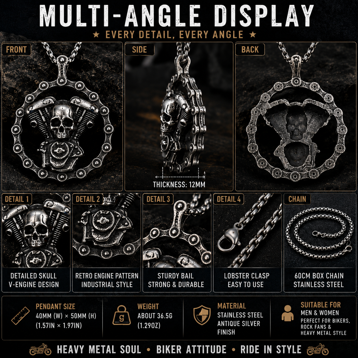 Retro Vintage Skull Motorcycle Engine Pendant Necklace Stainless Steel Biker Punk Gothic Chain Heavy Metal Gift PN0009