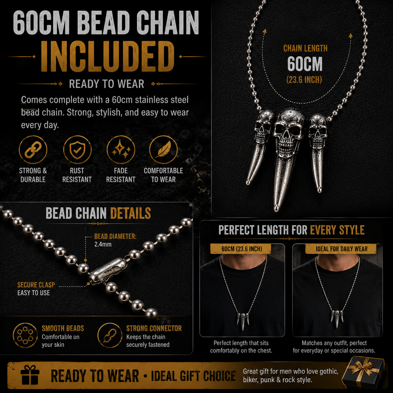 Triple Skull Tooth Pendant Necklace Mens Gothic Viking Biker Punk Stainless Steel Chain #PN0007
