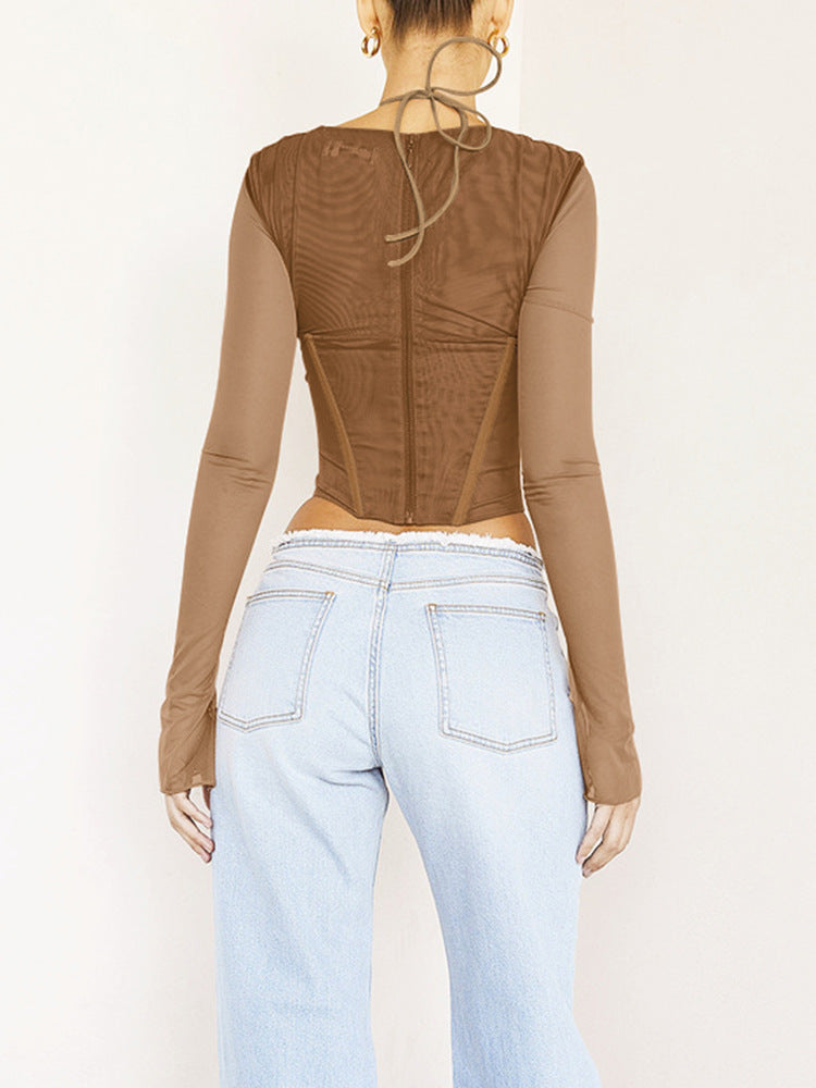 Sexy Women Fishbone Hollow Perspective Exposed Navel Mesh Short Top 3 Colors