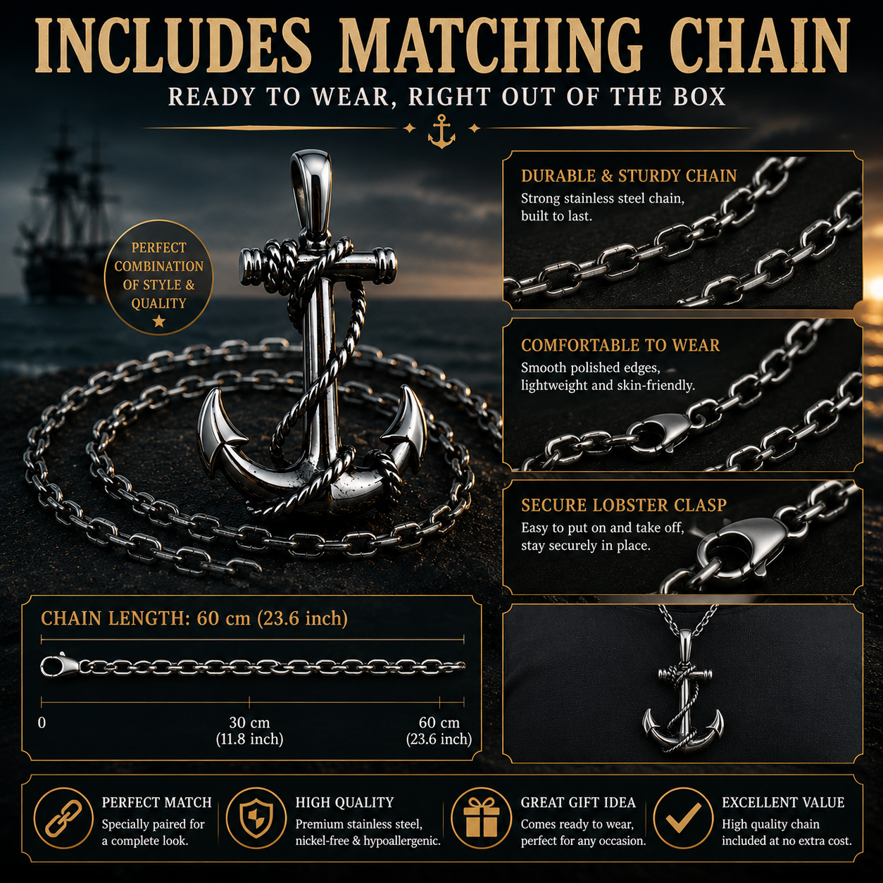 Unisex Anchor Pendant Necklace Stainless Steel Nautical Sailor Rope Charm Vintage Necklace 60cm Chain Gift PN0013