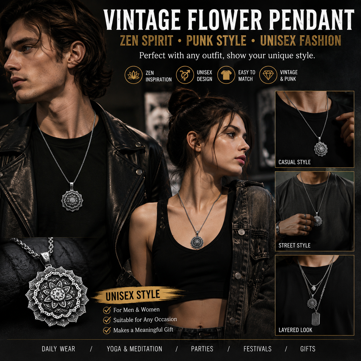Unisex Vintage Flower Pendant Necklace Stainless Steel Zen Yoga Punk Necklace with 60cm Chain Gift for Men Women PN0016